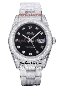 Rolex Datejust 41MM Swiss Replica - Iced Out Edition in Black Dial 