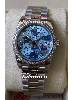 Rolex Datejust Ladies 31MM Cal.3135 Movement Swiss Replica Blue Motif Diamonds Bezel in 904L Steel Casing