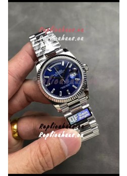 Rolex Day Date Super Clone Stainless Steel Blue Dial Crystal Numerals Watch 36MM - 1:1 Mirror Quality