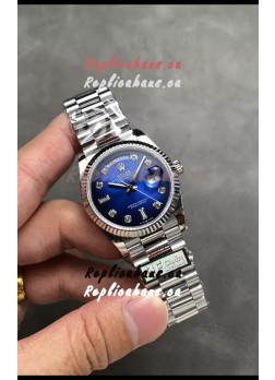 Rolex Day Date Super Clone Stainless Steel Blue Dial Diamonds Numerals Watch 36MM - 1:1 Mirror Quality