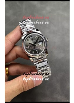 Rolex Day Date Super Clone Stainless Steel Grey Dial Diamonds Numerals Watch 36MM - 1:1 Mirror Quality