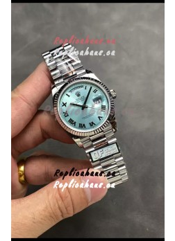 Rolex Day Date Super Clone Stainless Steel Ice Blue Dial Roman Numerals Watch 36MM - 1:1 Mirror Quality