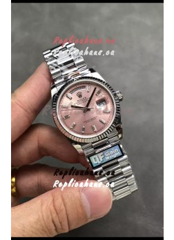 Rolex Day Date Super Clone Stainless Steel Pink Dial Crystal Numerals Watch 36MM - 1:1 Mirror Quality