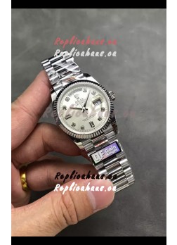 Rolex Day Date Super Clone Stainless Steel Silver Dial Diamonds Numerals Watch 36MM - 1:1 Mirror Quality