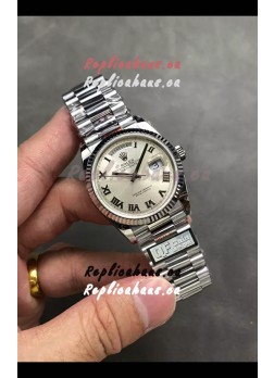 Rolex Day Date Super Clone Stainless Steel Silver Dial Roman Numerals Watch 36MM - 1:1 Mirror Quality