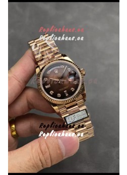 Rolex Day Date Super Clone Rose Gold Brown Dial Diamonds Numerals Watch 36MM - 1:1 Mirror Quality