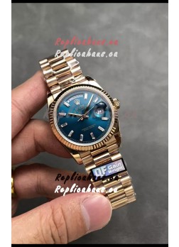 Rolex Day Date Super Clone Rose Gold Blue Dial Crystal Numerals Watch 36MM - 1:1 Mirror Quality