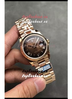 Rolex Day Date Super Clone Rose Gold Brown Dial Roman Numerals Watch 36MM - 1:1 Mirror Quality