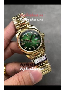 Rolex Day Date Super Clone Yellow Gold Green Dial Diamonds Numerals Watch 36MM - 1:1 Mirror Quality
