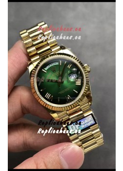 Rolex Day Date Super Clone Yellow Gold Green Dial Roman Numerals Watch 36MM - 1:1 Mirror Quality