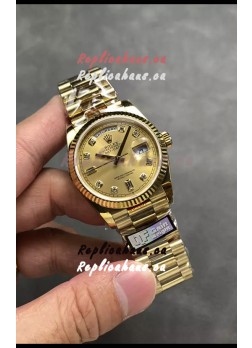 Rolex Day Date Super Clone Yellow Gold Casing and Dial Diamonds Numerals Watch 36MM - 1:1 Mirror Quality