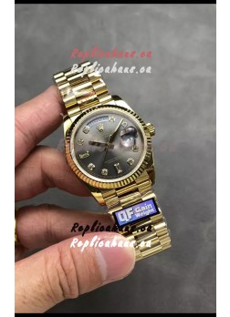 Rolex Day Date Super Clone Yellow Gold Grey Dial Diamonds Numerals Watch 36MM - 1:1 Mirror Quality