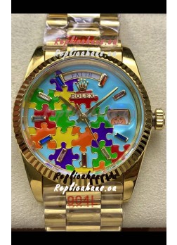 Rolex Day Date Emoji Jig-Saw Puzzle Yellow Gold Casing Swiss Replica Watch 