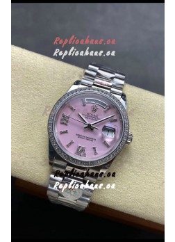 Rolex Day Date Super Clone Stainless Steel Pink Dial Diamonds Numerals Watch 36MM - 1:1 Mirror Quality