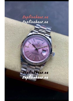Rolex Day Date Super Clone Stainless Steel Pink Sunburst Dial Crystal Numerals Watch 36MM - 1:1 Mirror Quality