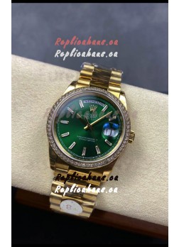 Rolex Day Date Super Clone Yellow Gold Green Dial Crystal Numerals Watch 36MM - 1:1 Mirror Quality