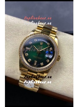 Rolex Day Date Super Clone Yellow Gold Green Dial Diamonds Numerals Watch 36MM - 1:1 Mirror Quality