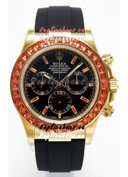 Rolex Daytona Super Clone Daytona Yellow Gold Casing Black Dial with Sapphires Bezel 