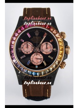 Rolex Daytona Super Clone DiW Carbon Edition Rainbow Bezel - Forged Carbon Casing Khaki Strap 1:1 Mirror Replica