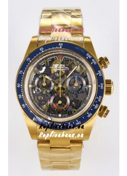 Rolex Daytona Super Clone Artisans De Geneve Yellow Gold Watch Blue Bezel Skeleton Watch 