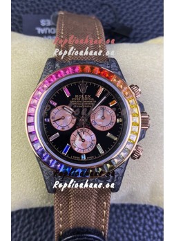 Rolex Daytona DiW Carbon Edition Rainbow Bezel - Forged Carbon Casing Khaki Strap 1:1 Mirror Replica