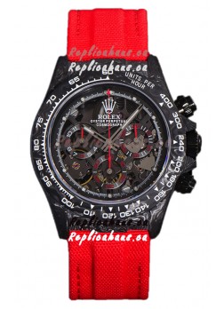 Rolex Daytona DiW Skeleton Carbon Edition Watch - Forged Carbon Casing Red Strap 1:1 Mirror Replica