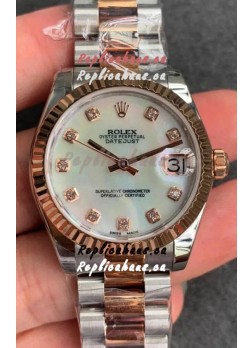 Rolex Datejust 31MM ETA-2671 Movement Swiss Replica in 904L Steel in Pearl Dial Oyster Strap