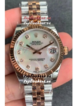Rolex Datejust 31MM ETA-2671 Movement Swiss Replica in 904L Two Tone Rose Gold in Pearl Dial