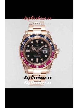 Rolex GMT Masters II Diamonds Swiss watch with Rose Gold 904L Case - 1:1 Mirror Quality 