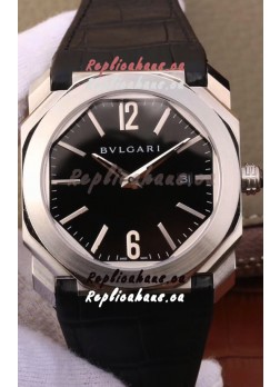 Bvlgari Octo Roma Edition 1:1 Mirror Replica in 904L Steel Casing - Black Dial Leather Strap