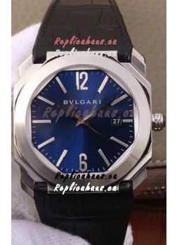 Bvlgari Octo Roma Edition 1:1 Mirror Replica in 904L Steel Casing - Deep Blue Dial Leather Strap