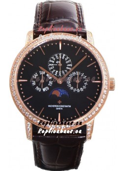 Vacheron Constantin Patrimony Perpetual Calendar Ultra-Thin Rose Gold Black Dial Swiss Replica