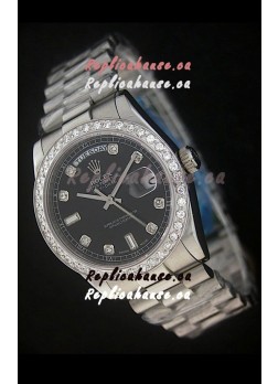 Rolex Day Date Just Japanese Replica Black Watch in Full Diamond Bezel