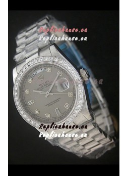 Rolex Day Date Just Japanese Replica Grey Watch in Full Diamond Bezel