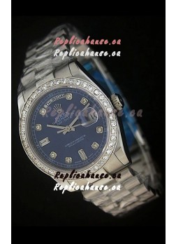 Rolex Day Date Just Japanese Replica Blue Watch in Full Diamond Bezel