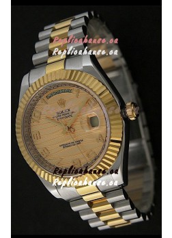 Rolex Day Date Just Japanese Replica Two Tone Gold Watch in Golden Stripe Pattern Dial 
