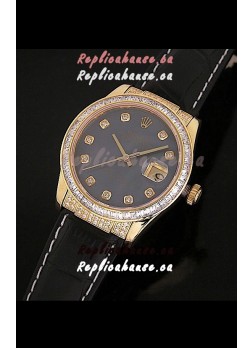 Rolex DateJust Japanese Mens Replica Yellow Gold Watch in Black Mother of Pearl Dial
