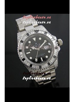 Rolex GMT Master II Swiss Replica Steel Watch in Diamond Bezel 