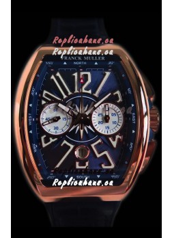 Franck Muller Vanguard Chronograph 18K Pink Gold Blue Dial Swiss Watch 