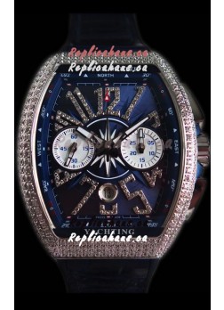 Franck Muller Vanguard Chronograph 904L Steel Blue Dial with Diamonds Swiss Watch 