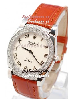 Rolex Cellini Cestello Ladies Swiss Watch Roman White Face Diamonds Bezel and Lugs