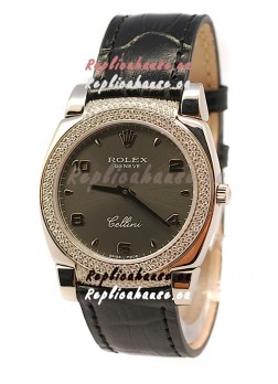 Rolex Cellini Cestello Ladies Swiss Watch in Matte Black Face Diamonds Bezel and Lugs