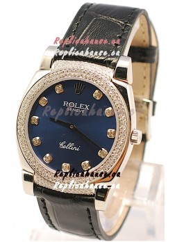 Rolex Cellini Cestello Ladies Swiss Watch in Dark Blue Face Diamonds Bezel and Lugs