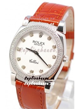 Rolex Cellini Cestello Ladies Swiss Watch White Face Diamonds Hour, Bezel and Lugs