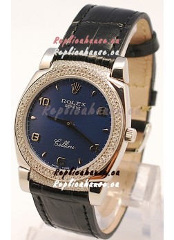 Rolex Cellini Cestello Ladies Swiss Watch in Dark Blue Face Diamonds Bezel and Lugs