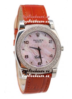 Rolex Cellini Cestello Ladies Swiss Watch Pink Pearl Face Diamonds Bezel and Lugs