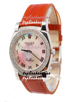 Rolex Cellini Cestello Ladies Swiss Watch White Pearl Roman Face Diamonds Bezel and Lugs
