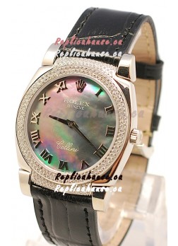 Rolex Cellini Cestello Ladies Swiss Watch in Black Pearl Face Diamonds Bezel and Lugs