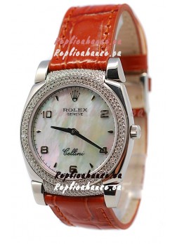 Rolex Cellini Cestello Ladies Swiss Watch Beige Pearl Face Diamonds Bezel and Lugs