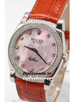 Rolex Cellini Cestello Ladies Swiss Watch in Pink Pearl Face Diamonds Hour, Bezel and Lugs